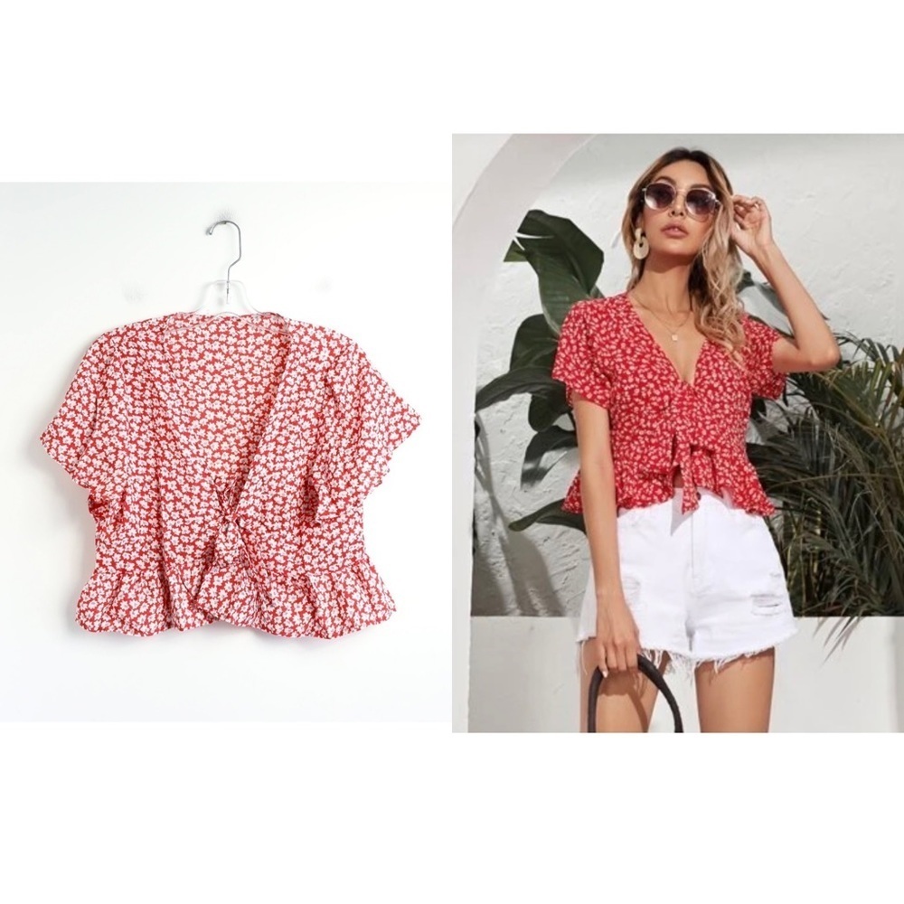 Shein red ditsy floral print wrap top L Large front knot ruffle butterfly sleeve